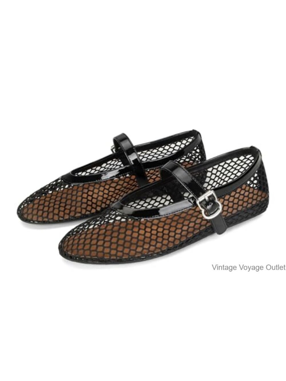 Women's Mesh Ballet Flats Buckle Strap Fishnet Ballerina Comfortable Office
